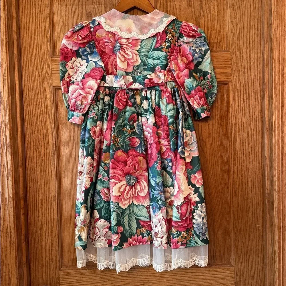 ANNE SAVOY Vintage 80s/90s Floral Cottagecore Dress Puff Sleeve Peter Pan Collar